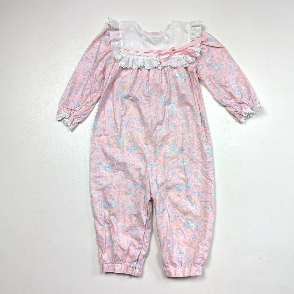 Vintage Peaches N Cream Romper Jumpsuit Size 24m Pink Floral Bib Lace